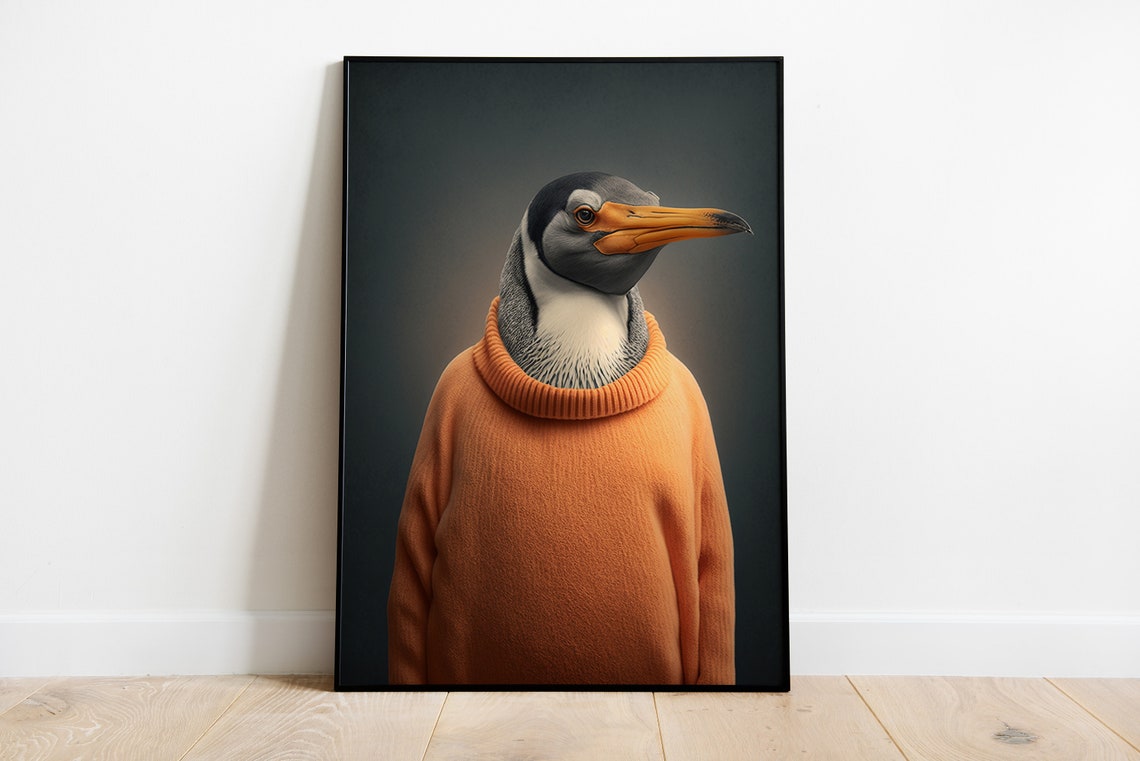 Penguin In Orange Turtleneck Sweater Anthropomorphic Art Poster