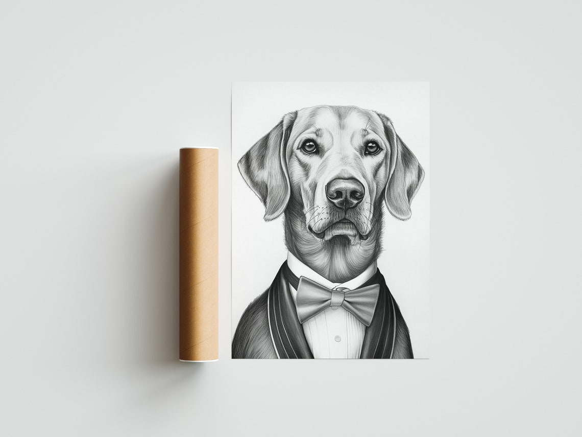Dignified Labrador in Bow Tie Formal Pencil Sketch Portrait Poster - Image 3