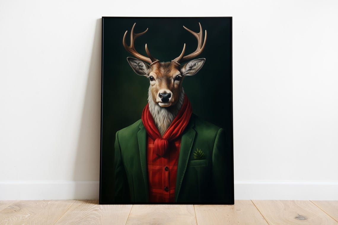 Dapper Reindeer Christmas Portrait Green Blazer Red Scarf Print
