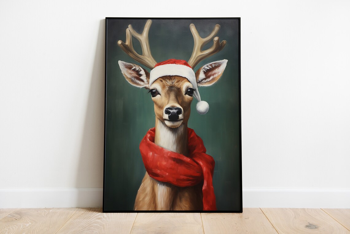 Christmas Reindeer Portrait Art Print, Holiday Decor