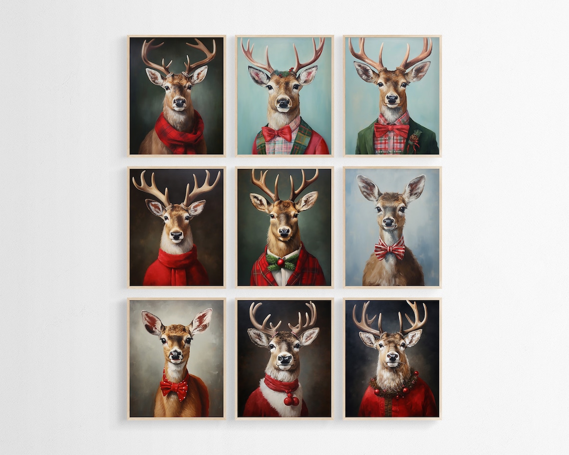 Christmas Reindeer Portrait Oil Painting Art Print