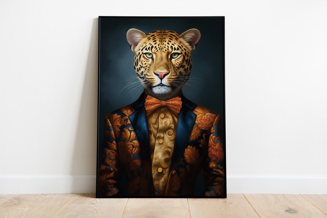 Gentleman Leopard Portrait Ornate Gold Suit Bow Tie Animal Poster