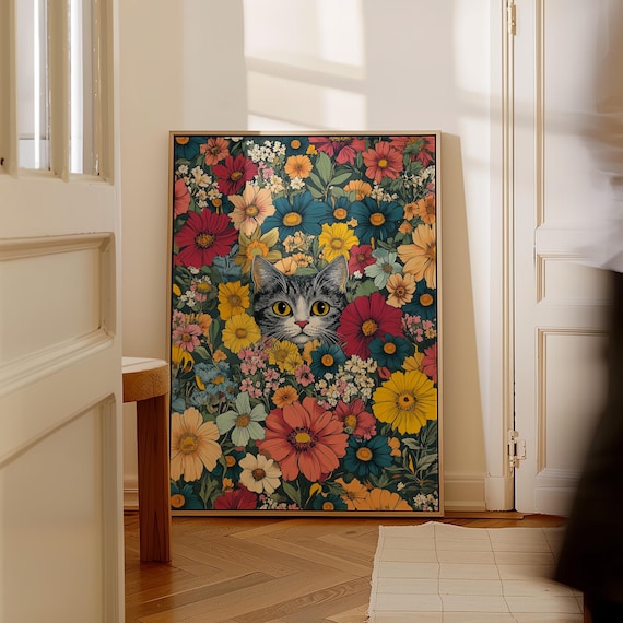 Grey Cat Peeking Through Colorful Flowers Whimsical Floral Print