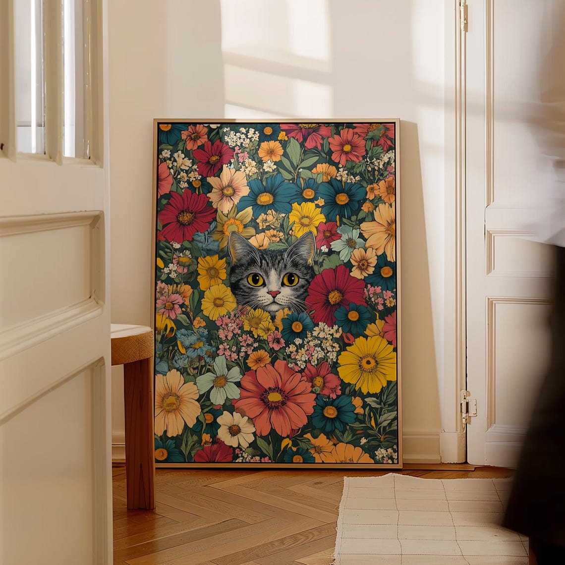 Grey Cat Peeking Through Colorful Flowers Whimsical Floral Print