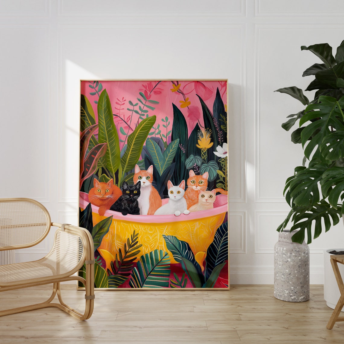 Six Playful Cats in a Yellow Bathtub with Tropical Plants Poster - Image 2