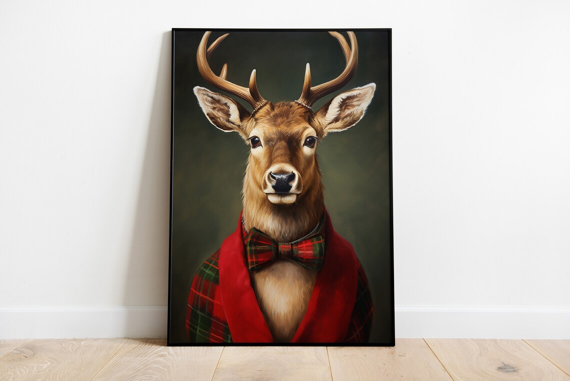 Reindeer Portrait Christmas Art Print, Holiday Decor
