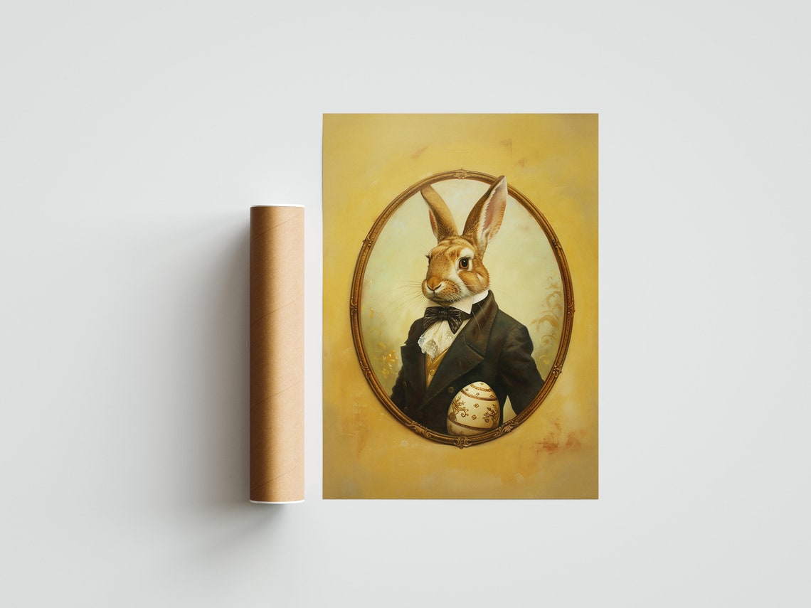 Victorian Gentleman Hare in Black Tuxedo Golden Easter Portrait Poster - Image 3