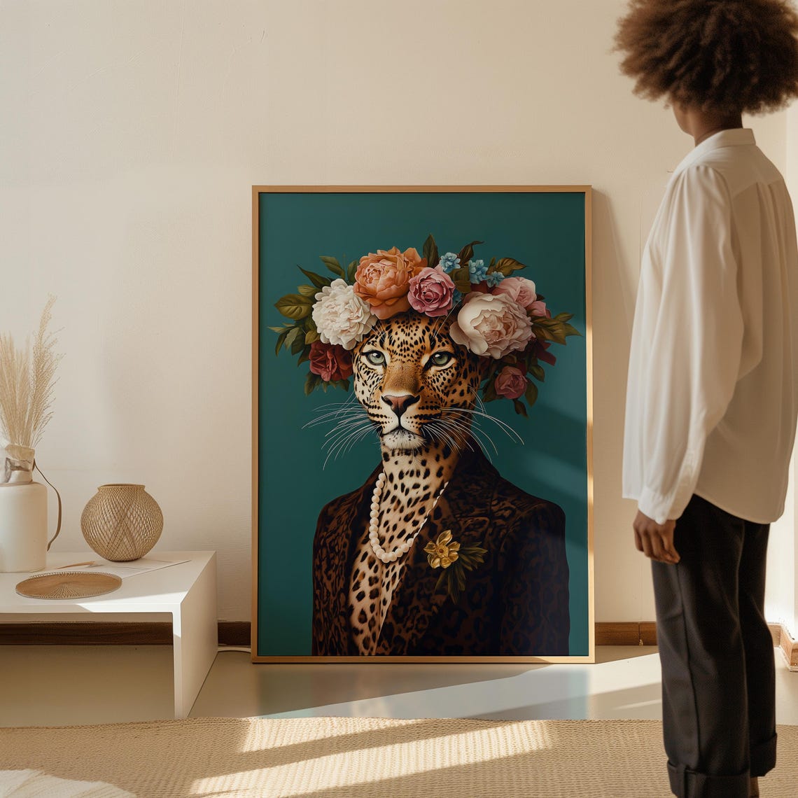 Leopard In Floral Crown Eclectic Chic Animal Portrait Poster