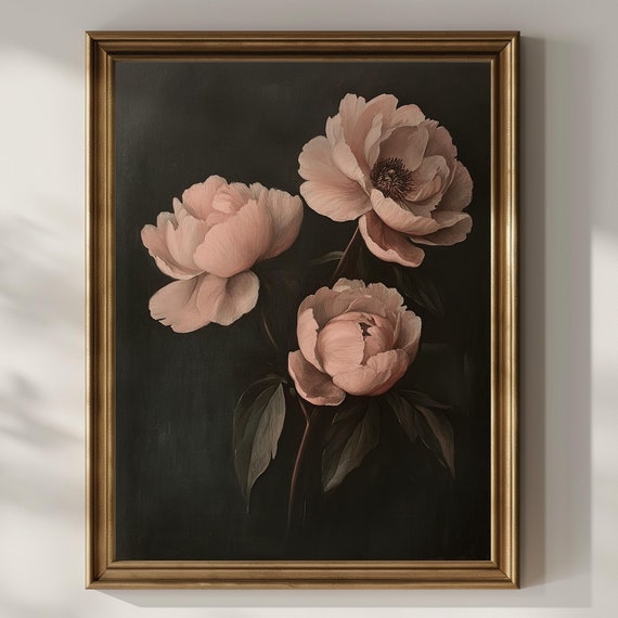 Peony Flowers Wall Art Floral Wall Decor Dark Academia Wildflower Peonies Moody Oil Painting Home Decor Gift
