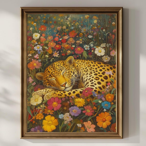 Leopard Sleeping In A Field Of Wildflowers Poster Print Vintage Flowers Floral Wall Art Artful Trendy Modern Animal Lover Gift Matte Poster
