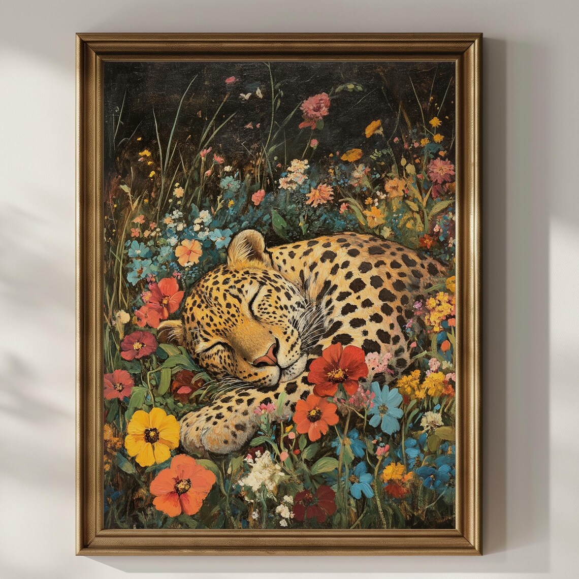 Sleeping Leopard in a Night Garden of Wildflowers Art Poster
