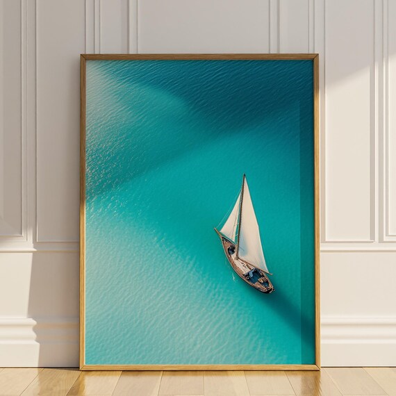 Lone Sailboat on Turquoise Sea Aerial Minimalist Sailing Poster