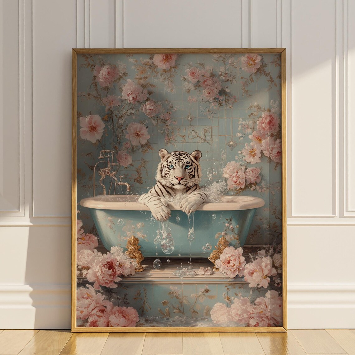 White Tiger In Vintage Bubble Bath Floral Romantic Bathroom Poster