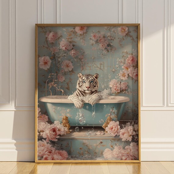 White Tiger In Vintage Bubble Bath Floral Romantic Bathroom Poster