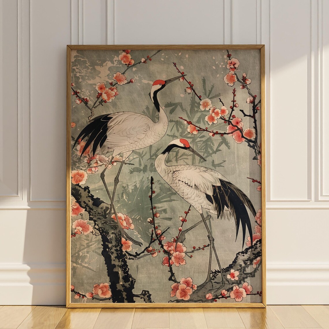 Red Crowned Cranes Among Cherry Blossoms Japanese Style Art Poster
