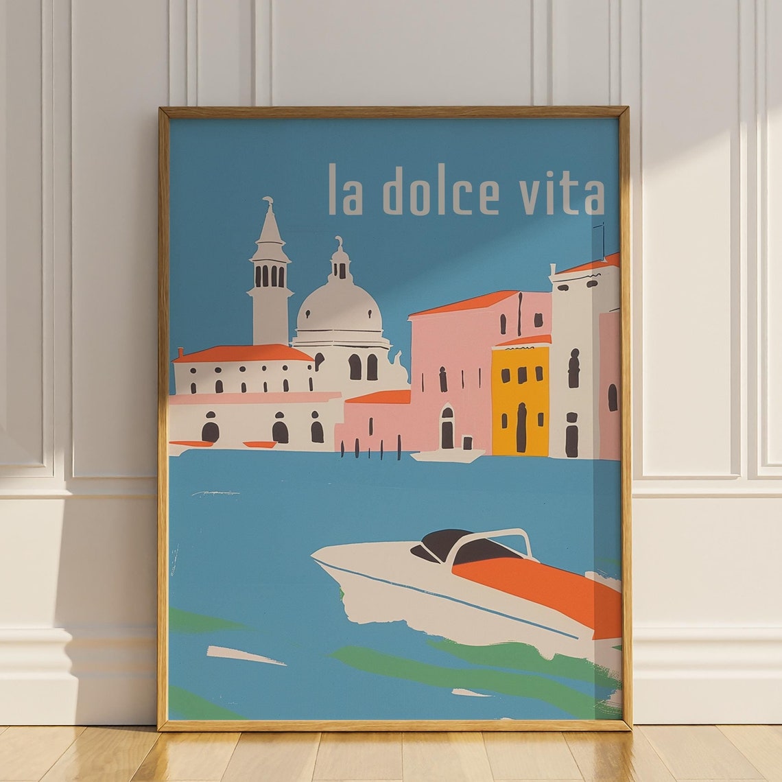 Venice Italy La Dolce Vita Retro Grand Canal Speedboat Travel Poster