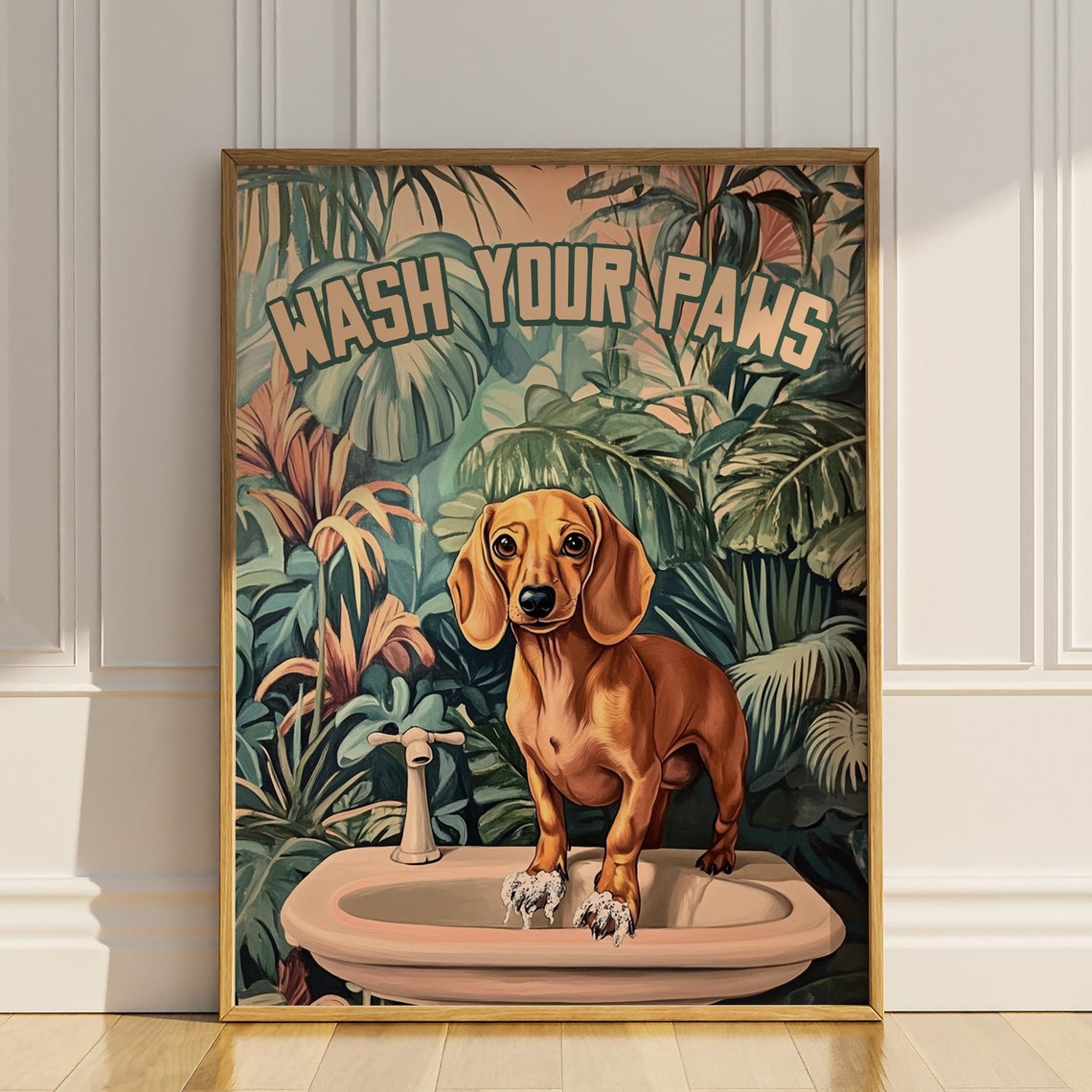 Wash Your Paws Dachshund Soapy Paws Funny Vintage Bathroom Wall Art