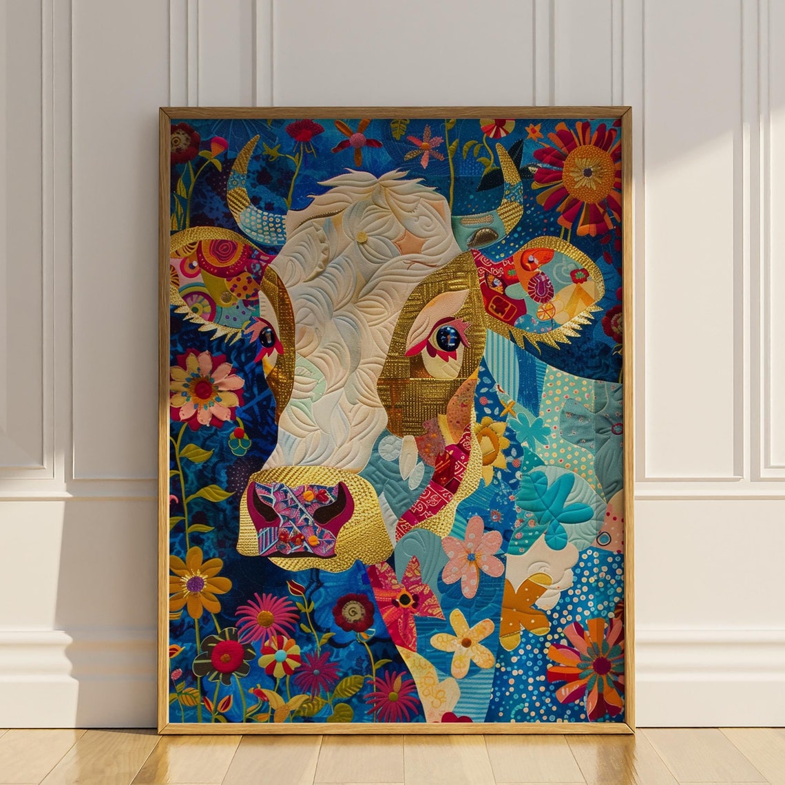 Colorful Patchwork Cow Floral Boho Style Folk Art Animal Poster