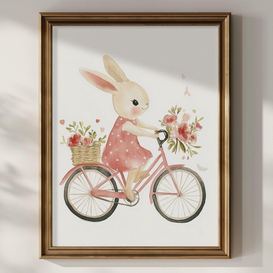 Sweet Bunny Riding Pink Bicycle With Flowers Girls Room Art Poster