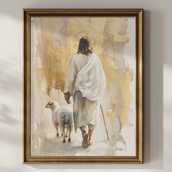 Jesus Christ Walking with Lamb Gold Watercolor Christian Faith Art Poster