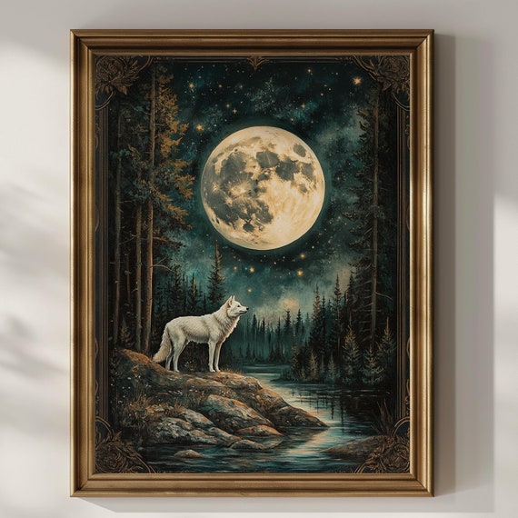 White Wolf Wall Art Full Moon Wildflower Witchy Occult Dark Academia Artwork Modern Art Deco Vintage Wall Decor