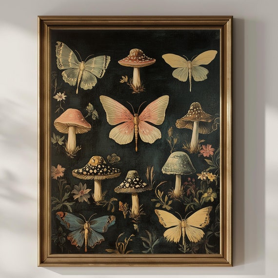 Butterfly Wildflower Mushroom Wall Art Botanical Floral Dark Academia Artful Trendy Vintage Wall Decor Gift