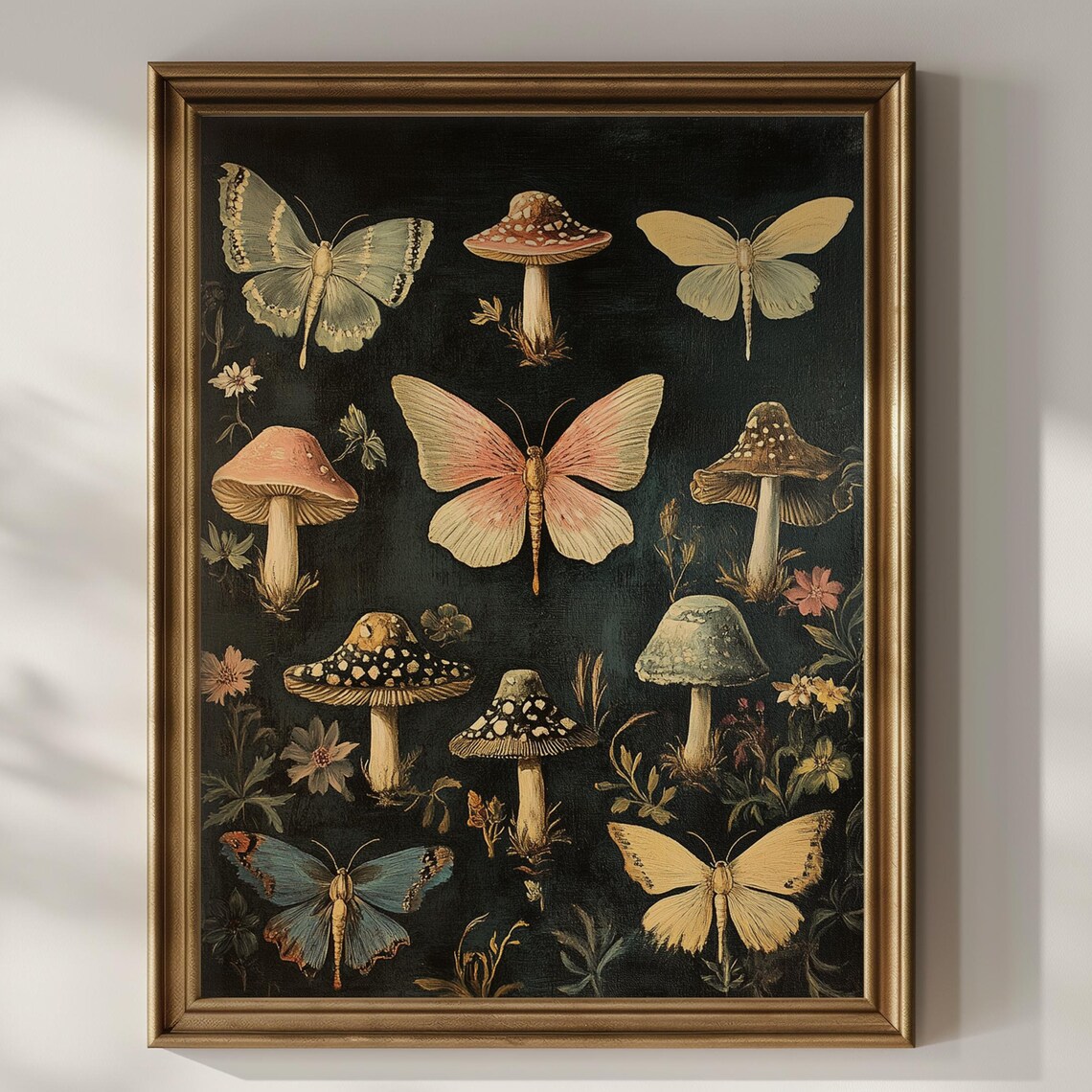 Vintage Moth Mushroom Wildflower Botanical Dark Academia Poster