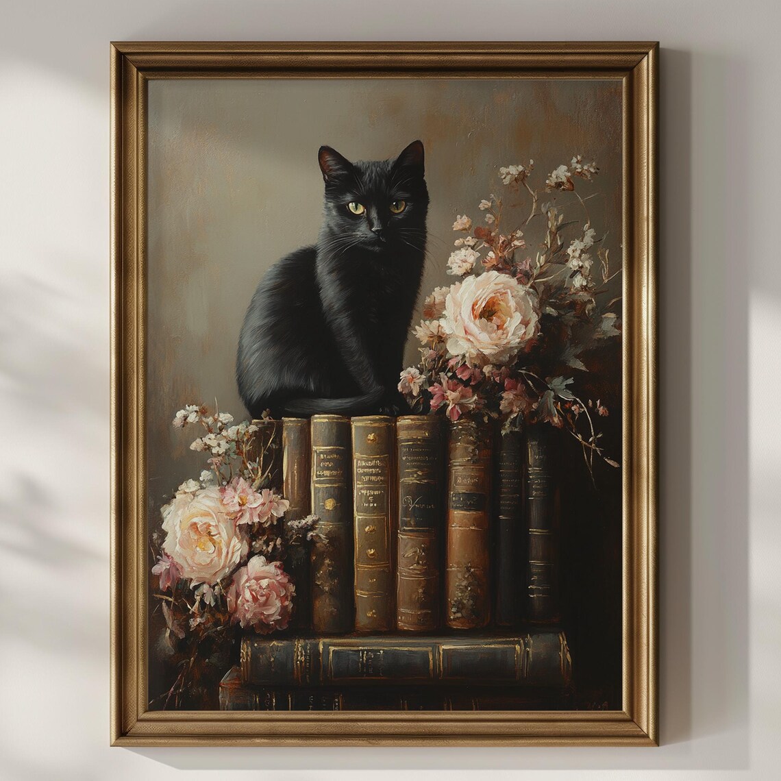 Black Cat on Vintage Books with Pink Roses Dark Academia Poster