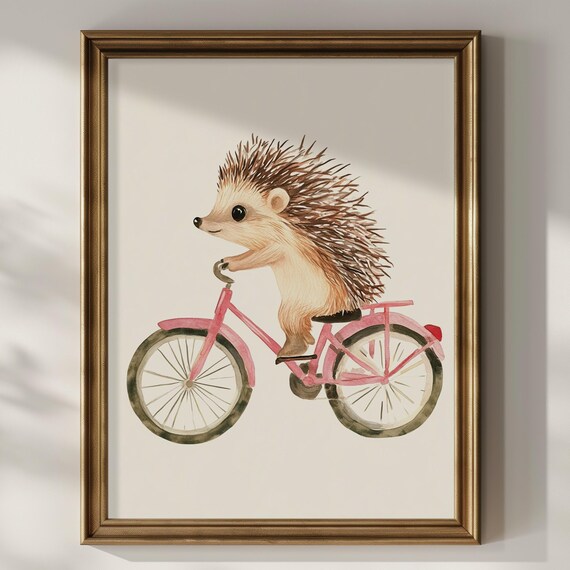 Cute Hedgehog Riding Pink Bicycle Watercolor Kids Nursery Art Poster