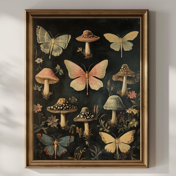 Butterfly Mushroom Poster Print Dark Academia Wall Decor Goth Artful Trendy Trippy Cottagecore Artwork Butterflies Wall Art Matte Poster