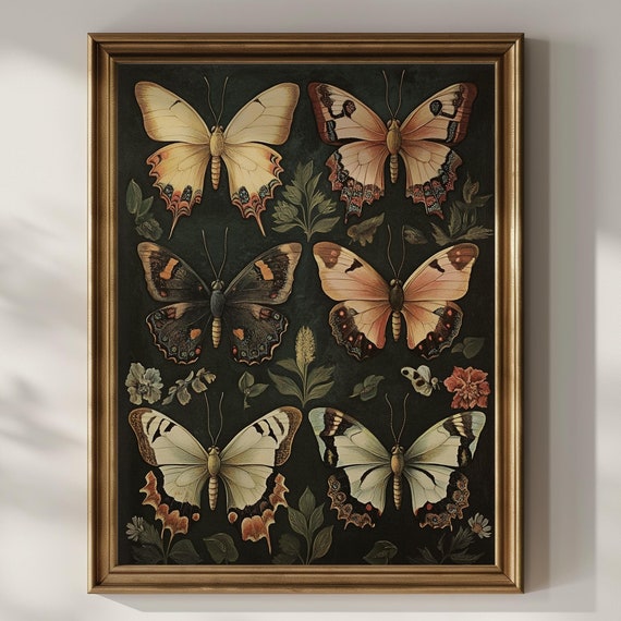 Butterfly Wildflower Poster Print Dark Academia Wall Decor Insect Goth Moody Artful Trendy Vintage Artwork Butterflies Wall Art Matte Poster