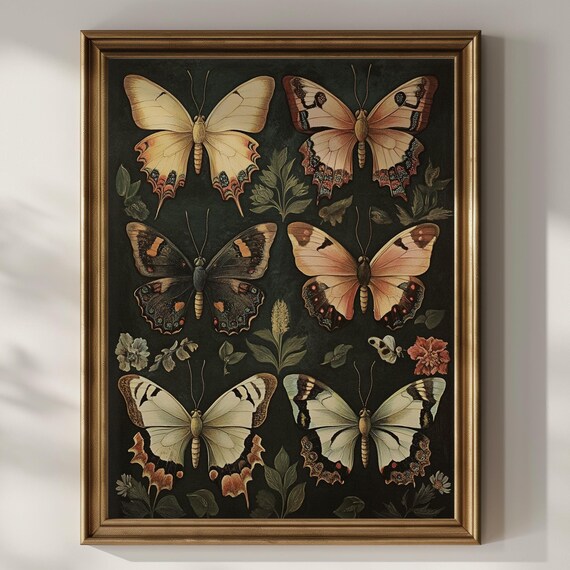 Large Butterfly Specimens Grid Vintage Naturalist Dark Wall Poster