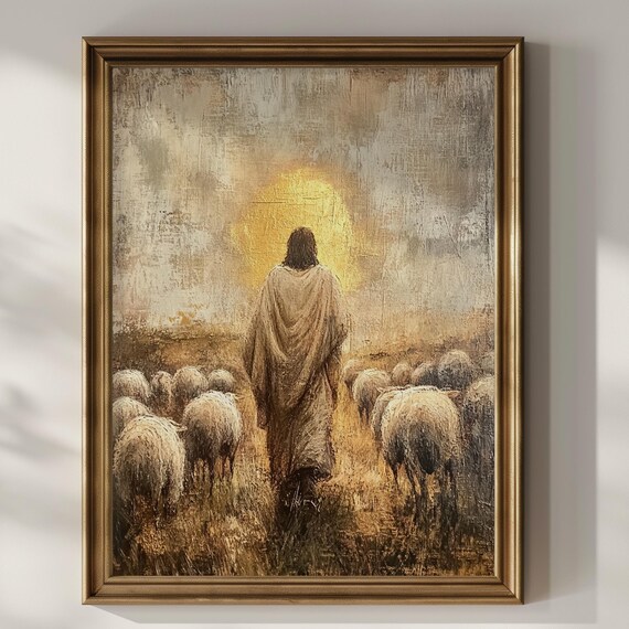 Jesus the Good Shepherd Leading Flock toward Golden Light Art Poster