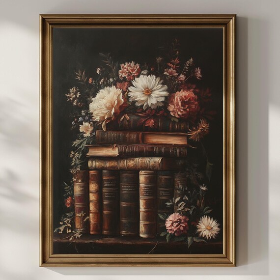 Antique Books with White Daisies Dark Floral Still Life Poster