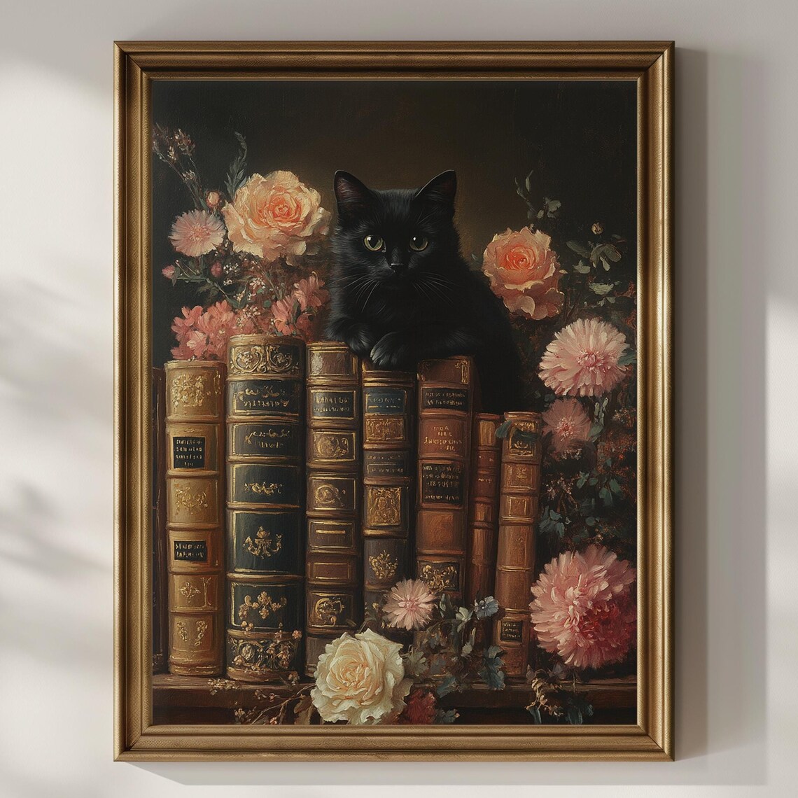 Black Cat among Vintage Book Spines and Roses Dark Art Poster
