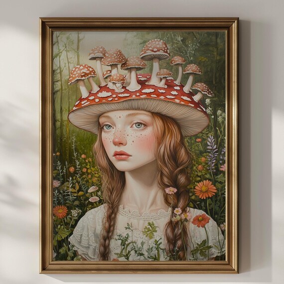 Mushroom Hat Girl Red Hair Forest Whimsical Cottagecore Fantasy Poster