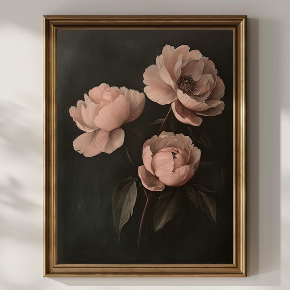 Dark Peony Flowers Poster Print Floral Peonies Wall Art Vintage Oil Painting Dark Academia Art Goth Artful Wall Decor Gift Matte Poster