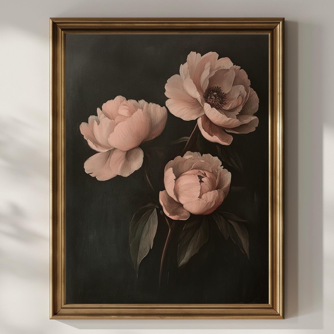 Three Blush Peonies On Black Moody Botanical Floral Elegant Poster