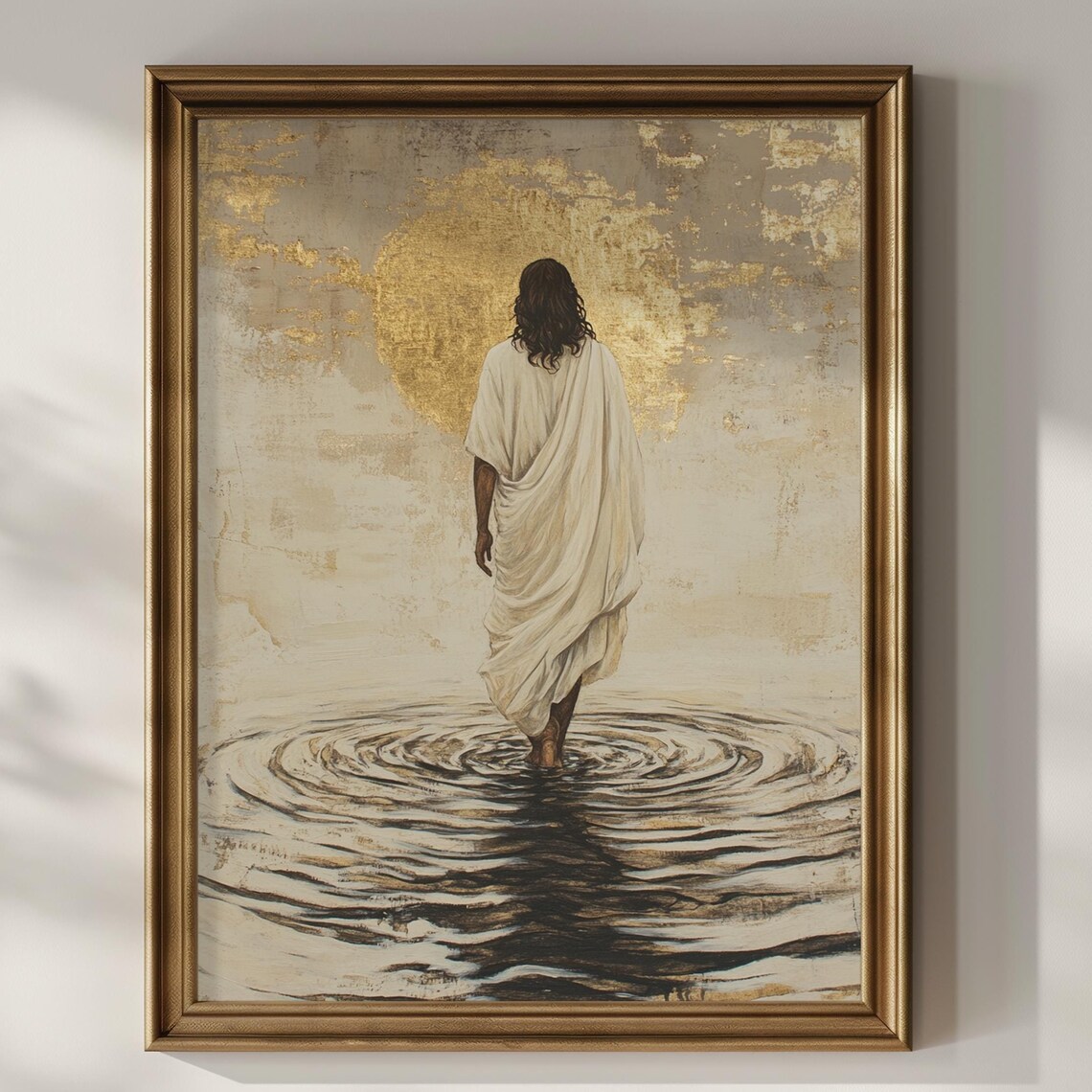 Jesus Christ Walking on Water Golden Light Serene Biblical Art Poster