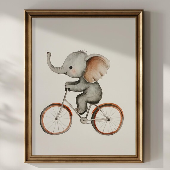 Baby Elephant Riding Bicycle Watercolor Safari Kids Room Art Poster