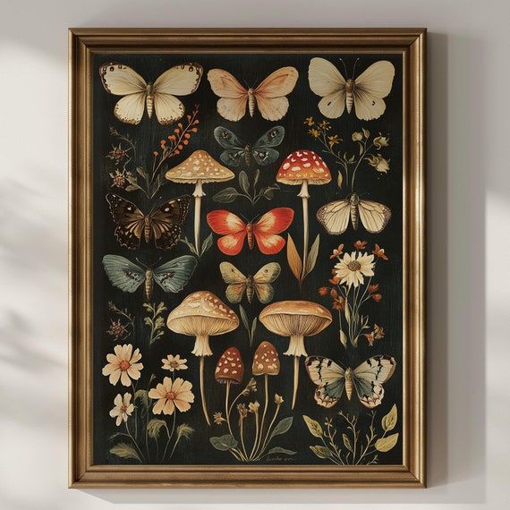 Butterfly Mushroom Poster Print Dark Academia Wall Decor Goth Artful Trendy Trippy Cottagecore Artwork Butterflies Wall Art Matte Poster