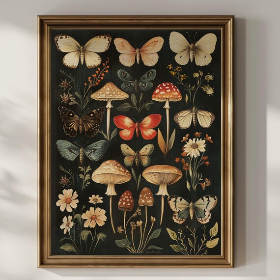 Butterfly Mushroom Wildflower Botanical Chart Dark Academia Poster