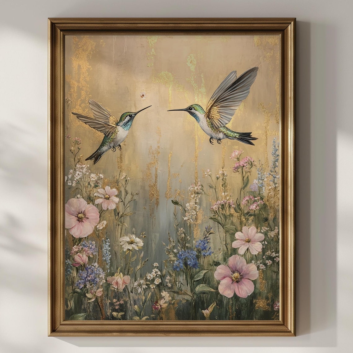Hummingbird Wildflowers Poster Print Vintage Oil Painting Flowers Floral Wall Art Artful Trendy Modern Tropical Bird Lover Gift Matte Poster