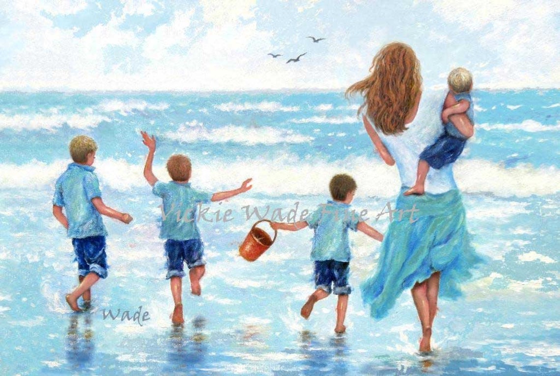 Mother with Four Sons Splashing Through the Beach Waves Poster