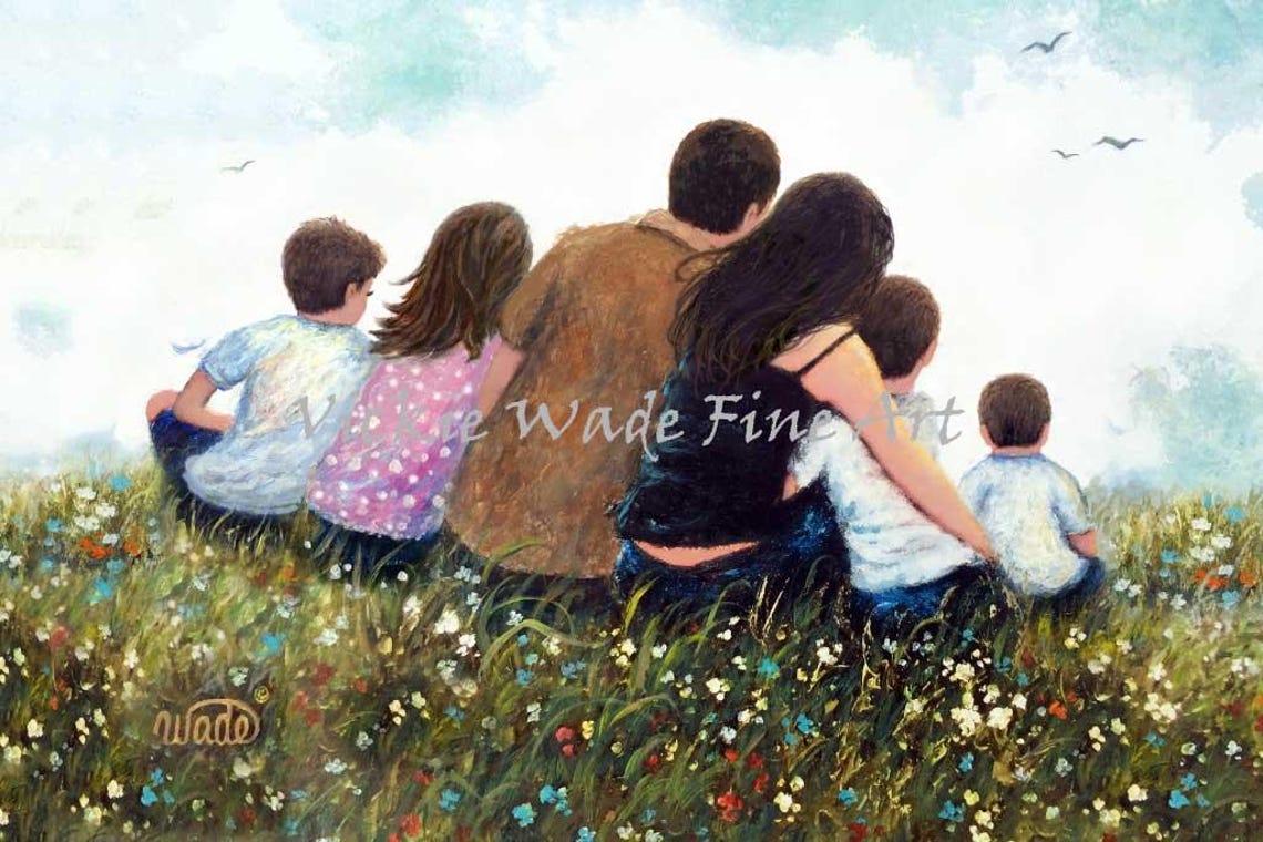 Parents With Four Children Sitting Together In Flower Meadow Poster