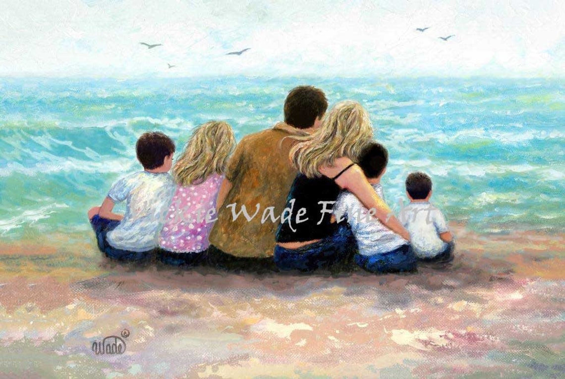 Family of Six Sitting Together Watching the Ocean Waves Poster