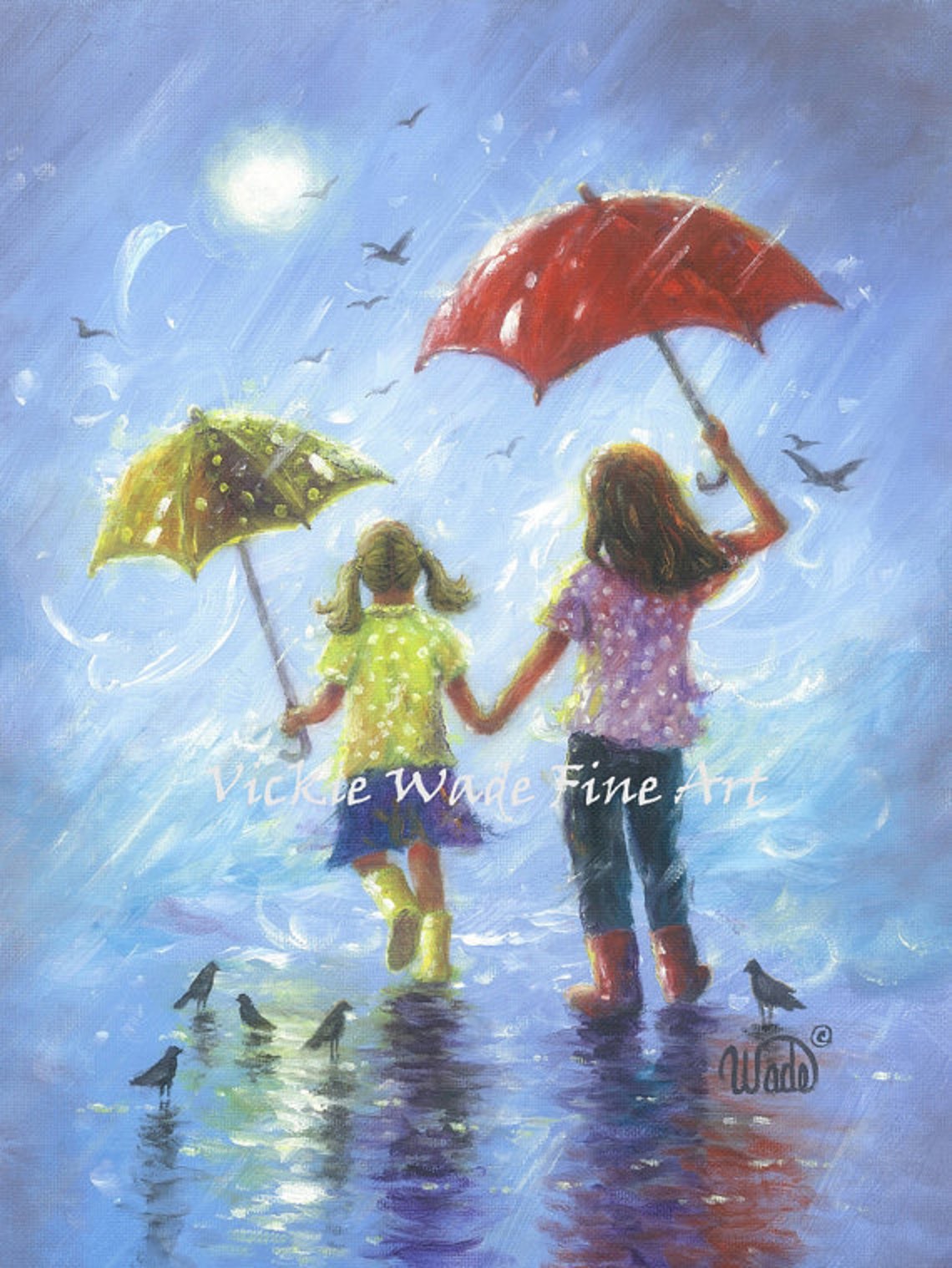 Two Sisters With Colorful Umbrellas Dancing in the Rain Poster