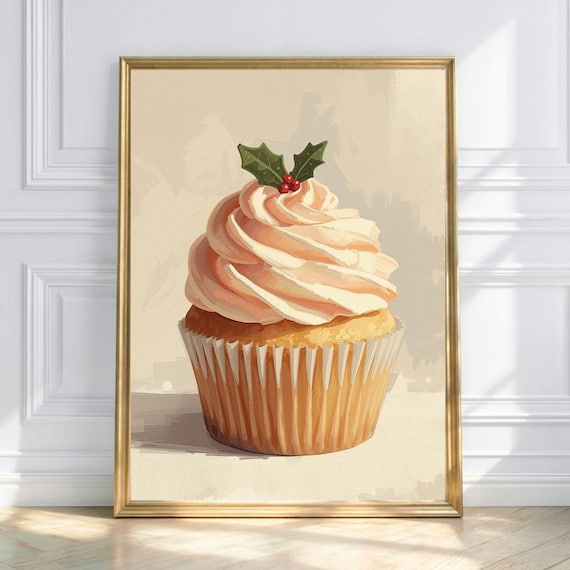 Holiday Cupcake With Cream Frosting Holly Berry Kitchen Poster
