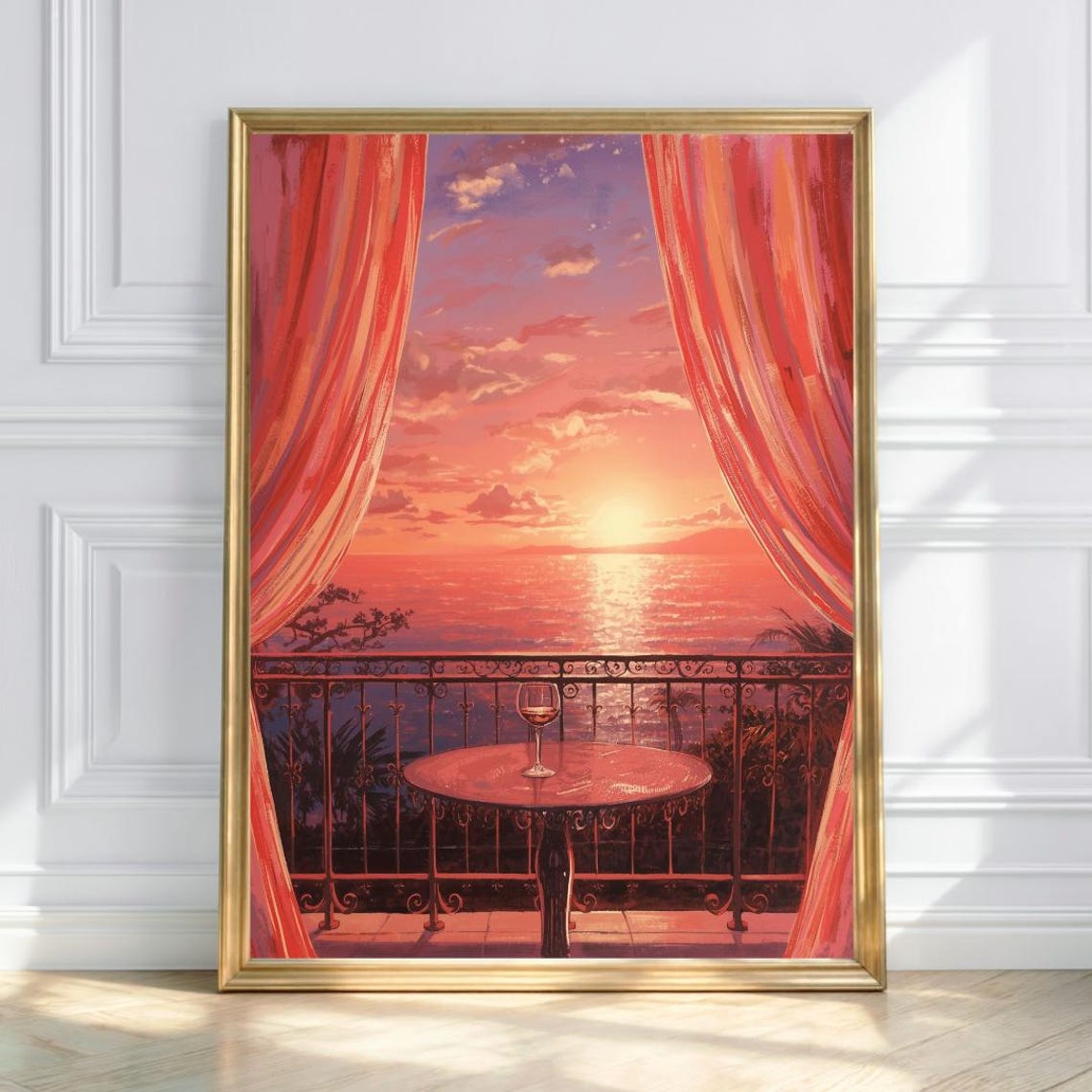 Romantic Balcony Sunset Over Ocean Wine Glass Curtains Wall Art