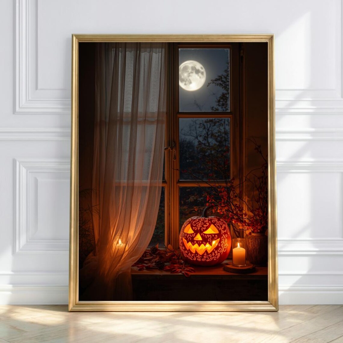 Pumpkin Moonlight Cozy Halloween Window Art Autumn Night Wall Print